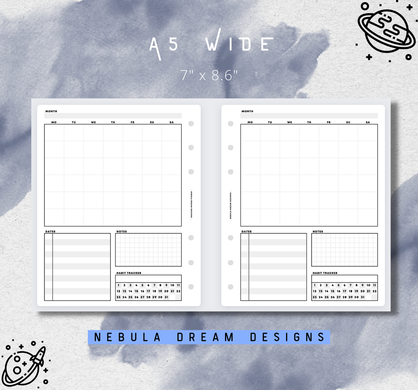 Minimal Inserts - MO1P Overview w/ Dates, Notes + Habit Tracker
