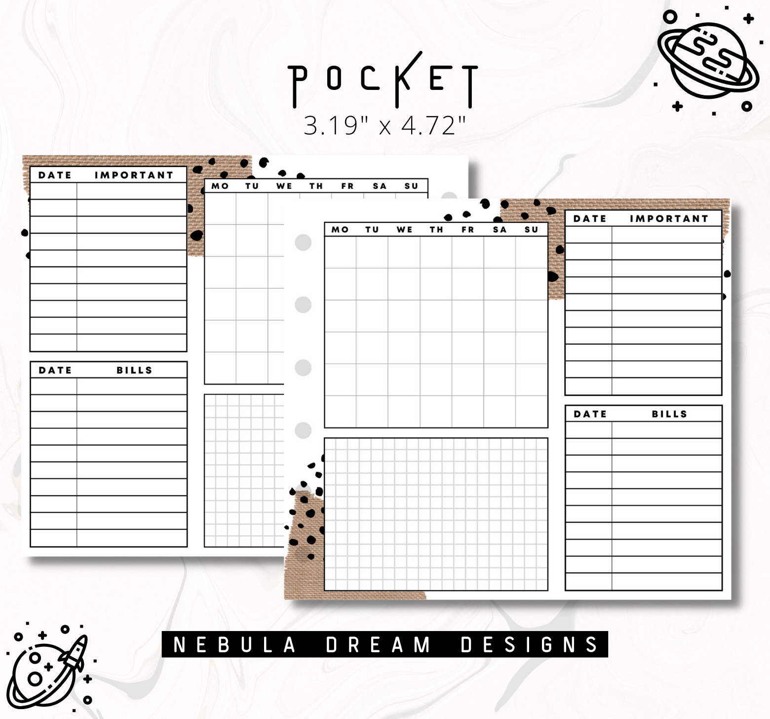 Monthly Overview A6 Printable Planner Inserts MO1P Layout 